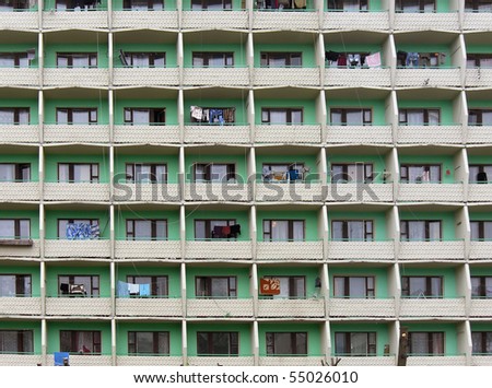 Pattern from different balconies at block of cheap apartments in Belarus