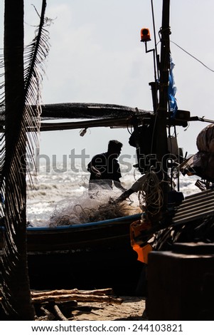 Fisherman nets of are stored on boat