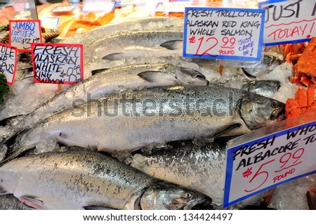 Fresh Alaskan King Salmon Displayed on Pike Place Fish Market Seattle