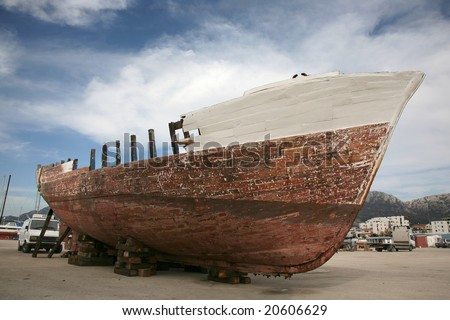 Abandoned wooden ship, wrackage.