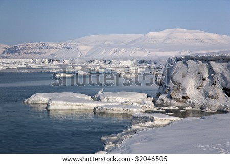 Amazing Sea landscape of Spitsbergen with beautiful sky in the Arctic North Pole region.