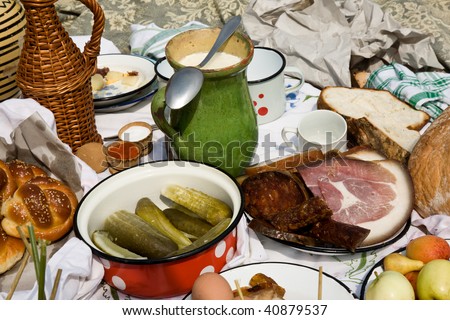 Serving domestic natural food. Bacon, Ham, Bread on the old traditional Sheet. Tradition Hungary,Serbian and Croatian kitchen. Healthy Foods.