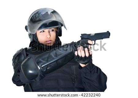 Beautiful Woman, Police Officer in complete intervention equipment ready to action.Isolated.