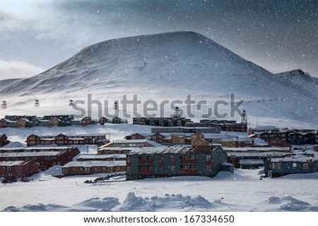 Village in wintry Landscape, Arctic North Pole, Svalbard.