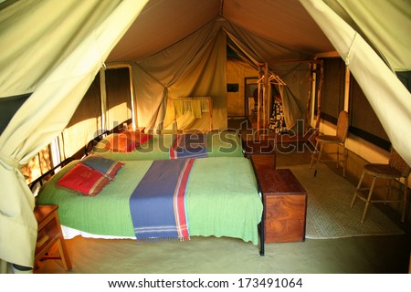 Inside of safari tent,Masai Mara, Africa