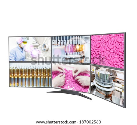 Pharmaceutical factory, vials, pills, people.Row of widescreen HD displays with multiple images isolated on white background.Split screen