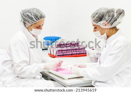 Woman in protective work wear controlling  a quality of a pills, pharmaceutical factory.Focus on the right woman, shallow doff