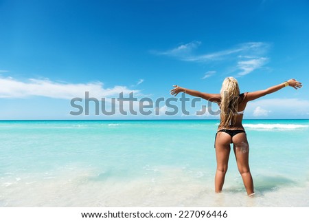 Rear view of young, attractive latin woman in a bikini at the tropical beach.Copy space