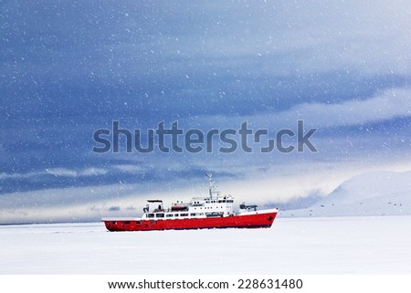 Icebreaker in the North sea, North pole, Svalbard island.Copy space