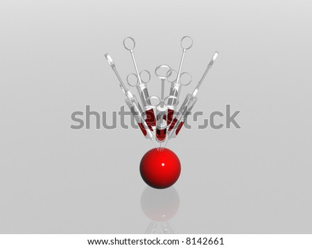 five syringes piercing a red ball