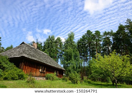 Old Log Cabin in the wooded forest of evergreen trees. Open-air ethnography museum near Riga, Latvia.