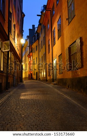 A narrow empty street at night, Gamla Stan, Stockholm, Sweden