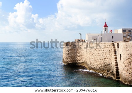 AKKO, ISRAEL-DECEMBER 20, 2014: St John's Church facade  in Akko, Israel. St John's Church is located on the south side of the old city and the only active Latin Catholic church in Akko.