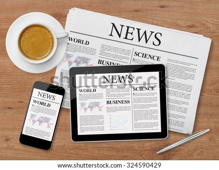 News page on tablet, mobile phone and newspaper