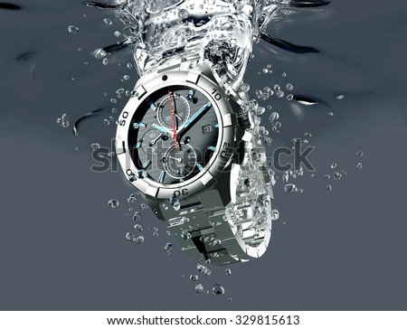 metal wrist watch is under water.
