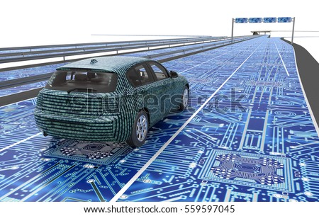 self driving electronic computer car on road, 3d illustration
