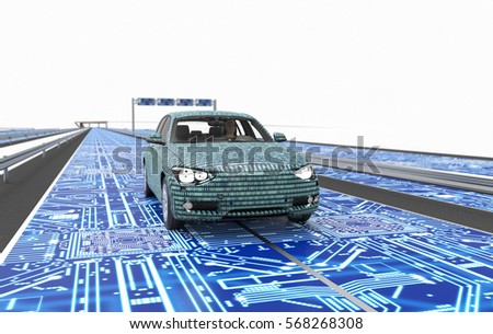 self driving electronic computer car on road, 3d illustration