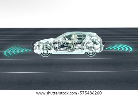 self driving electronic computer cars on road, 3d illustration