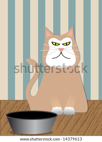 Angry Cat sitting next to his food dish - Vector