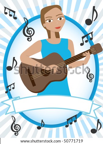 stock vector : Cartoon girl playing acoustic guitar surrounded by musical 