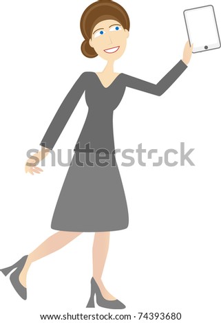 Friendly female raising up copy space friendly wireless technology dressed in casual sweater and skirt editable vector illustration