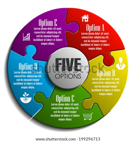 Five sided 3D puzzle presentation infographic template with explanatory text field for business statistics Five sided 3D puzzle presentation infographic template with explanatory text field for business statistics