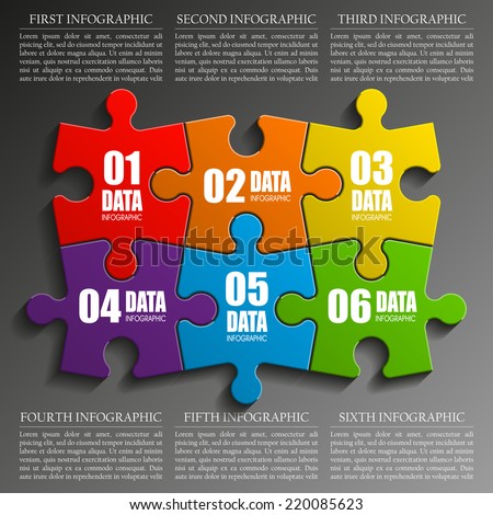 Six sided 3D puzzle presentation infographic template with explanatory text field for business statistics Six sided 3D puzzle presentation infographic template with explanatory text field for business statistics
