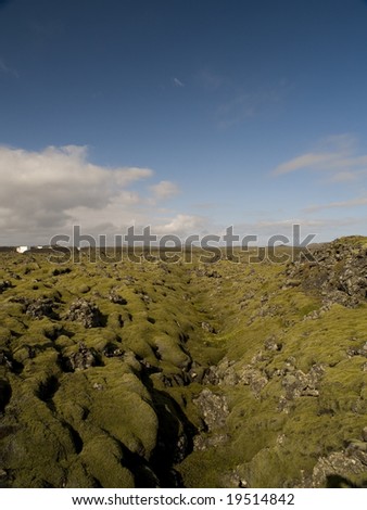 Moss covered lava rock on a partly cloudy day in Grindavik, Iceland.