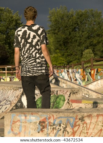 Back of a young male adorned in grunge clothing standing in a graffiti covered skateboard park. Oakville Ontario, Canada.