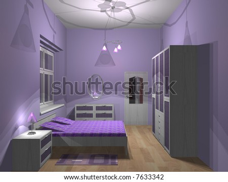 3d Render Of Small Purple Bedroom Stock Photo 7633342 : Shutterstock