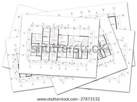 Stack of architectural plans on white background