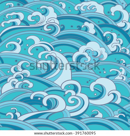 Traditional oriental seamless pattern with ocean waves, foam, splashes. Vector sea backdrop