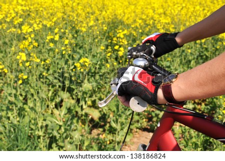 Hands in a gloves on the handlebar of a mountain bike
