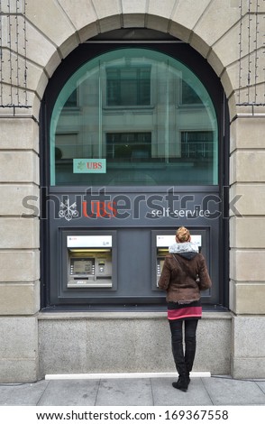 ZURICH, SWITZERLAND - DECEMBER 29, 2013 - ATMs of UBS bank, a Swiss global financial services company.