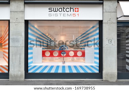 ZURICH, SWITZERLAND - DECEMBER 29, 2013 - Swatch shop, well known for its high-quality watches
