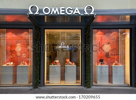 Zurich, Switzerland - December 29, 2013 - Omega Shop, Well Known For Its Luxury Watches