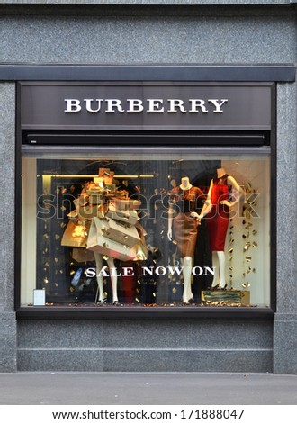 ZURICH, SWITZERLAND - DECEMBER 29, 2013 - Burberry shop, a British luxury fashion house, distributing clothing and fashion accessories and licensing fragrances
