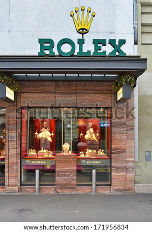 ZURICH, SWITZERLAND - DECEMBER 29, 2013 - Rolex shop, well known for its luxury watches