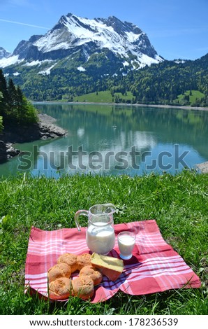 Milk, cheese and bread served at a picnic in an Alpine meadow, Switzerland