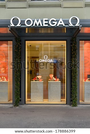 ZURICH, SWITZERLAND - DECEMBER 29, 2013 - Omega shop, well known for its luxury watches