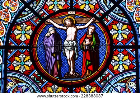 BASEL, SWITZERLAND - November 3, 2014: Nativity Scene. Stained glass window in the Cathedral of Basel, Switzerland