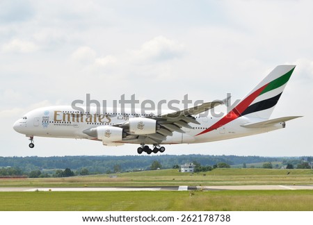 ZURICH, SWITZERLAND - MAY 25, 2014: Airbus A380 Emirates landing at Zurich airport on May 25, 2014. Emirates is rated as a top10 best airline in the world flying on youngest fleet