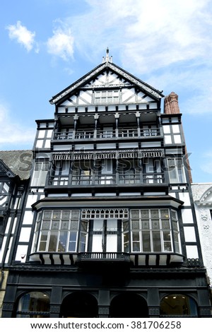 Chester, England, UK, Europe - May 26, 2014 : Tudor black and white timber frame house on Eastgate street in Chester City centre
