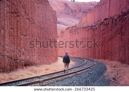 Man walking on the tracks. Utah, United States