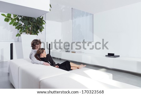 Rear View Of Young Couple On Sofa Watching Tv In Living Room