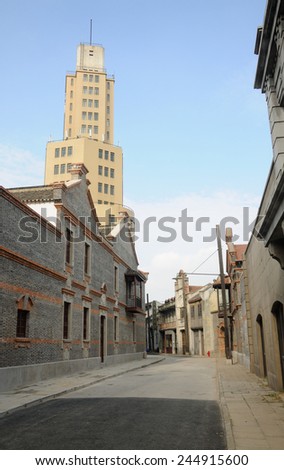 A empty street on recreated Chinese street, film set, in Shanghai Film Park.