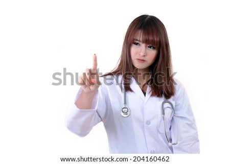 Female doctor point her finger to something on white background.