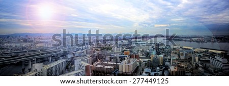Panorama view of Osaka city in high dynamic range photo.