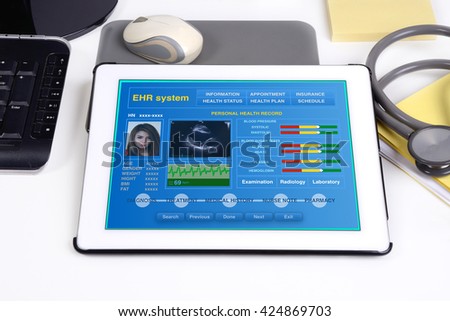 Electronic medical record show patient\'s health information on tablet.