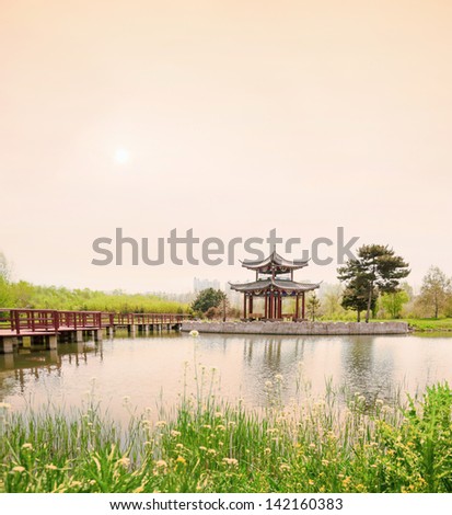 Pavilion at dusk, located in Forest Botanical Garden of Heilongjiang Province, Harbin City, Heilongjiang Province, China.